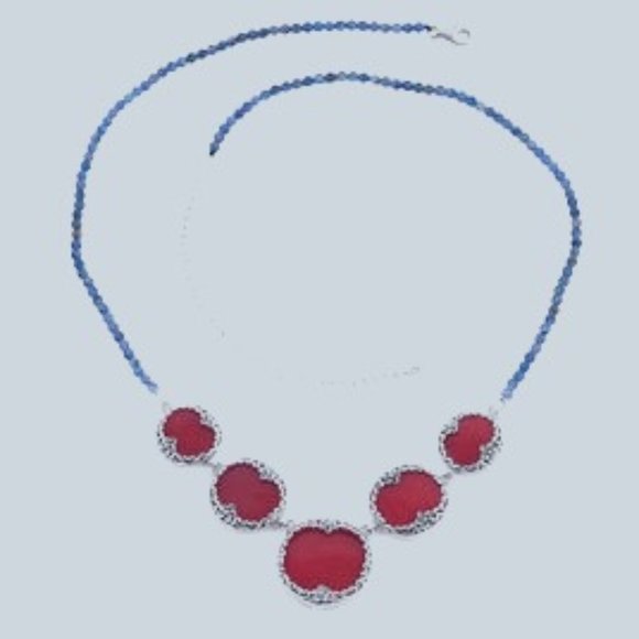Red Coral Pendants with Blue Topaz Beaded Necklace 20" in Sterling Silver NWT - Picture 5 of 7